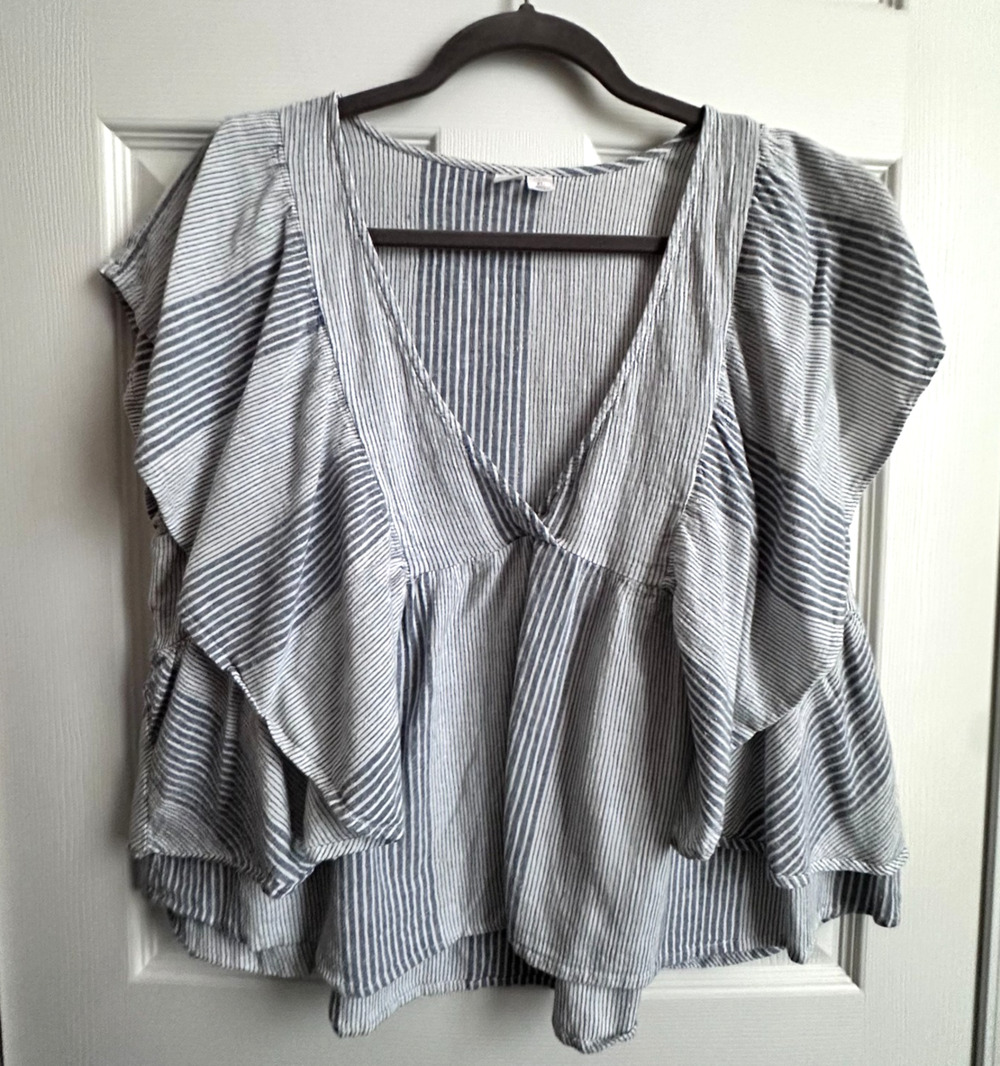 Blue Gray White Stripe Melrose & Market Cotton Linen Blend Ruffle Top Womens XL